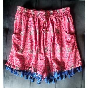 Simply Southern Seashell Shorts Pull On Pink w/ Blue Tassels Pockets - Size S/M